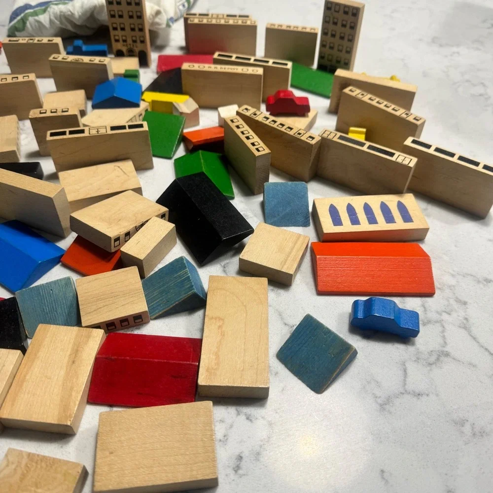 85 piece Vintage PLAYSKOOL VILLAGE Wood Building Blocks And Vehicles Montessori